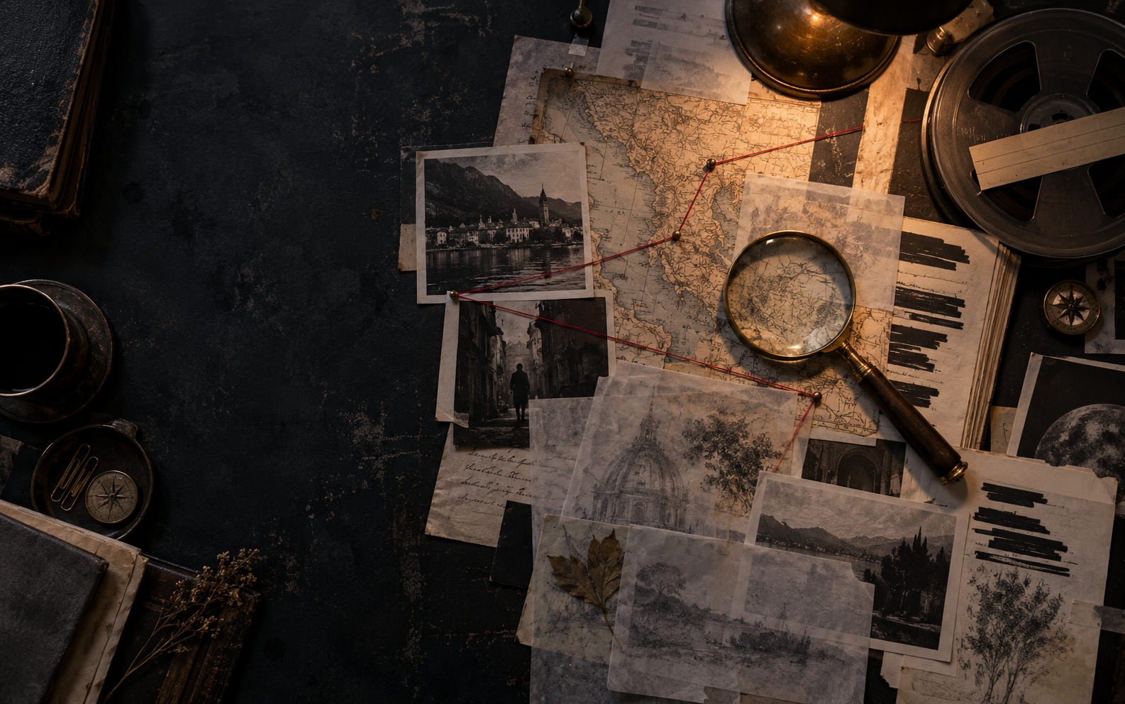 Tavolo d’indagine con mappe, fotografie, appunti e una lente d’ingrandimento